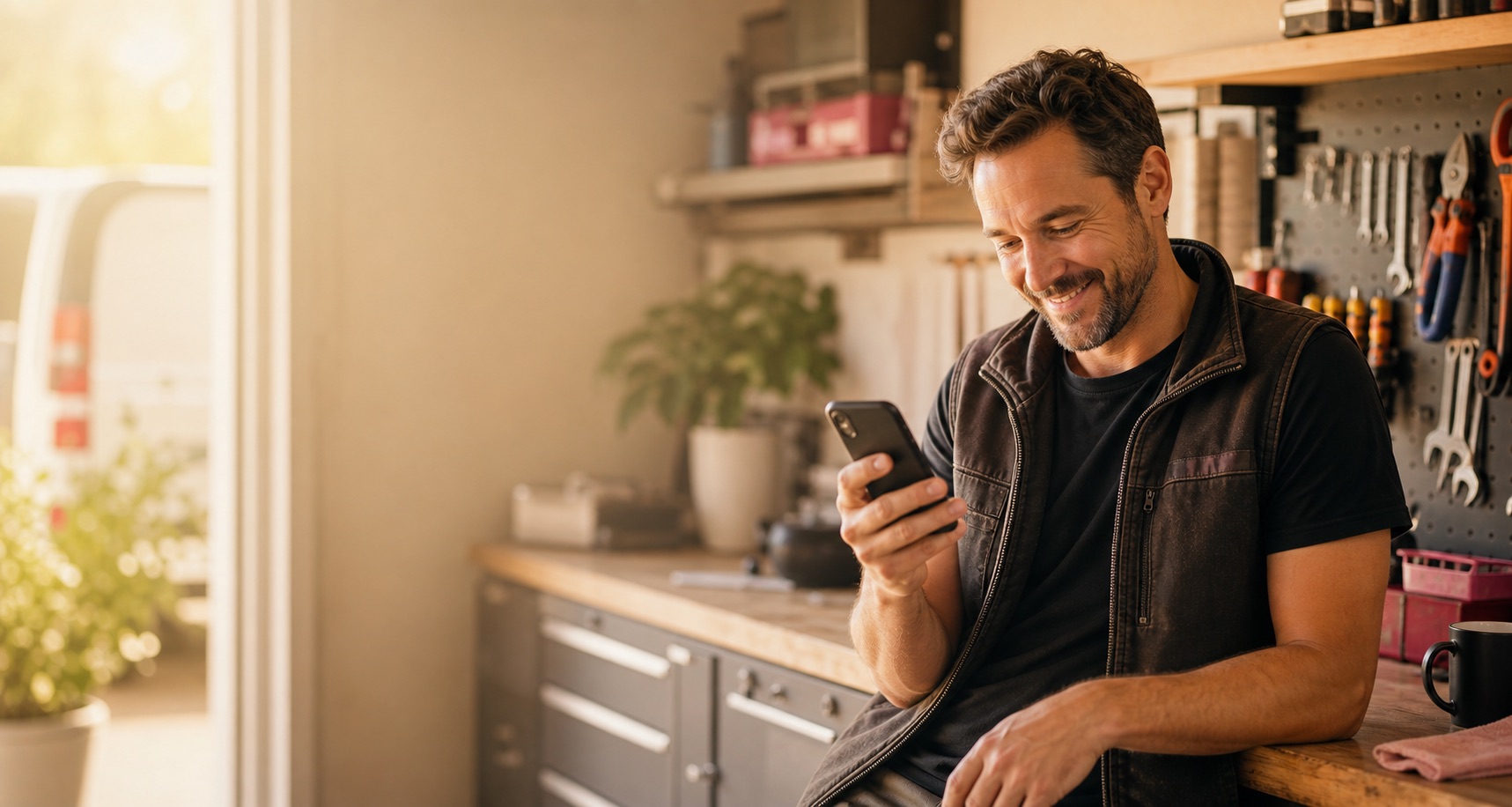 A local business owner smiling while checking a booked appointment on his phone